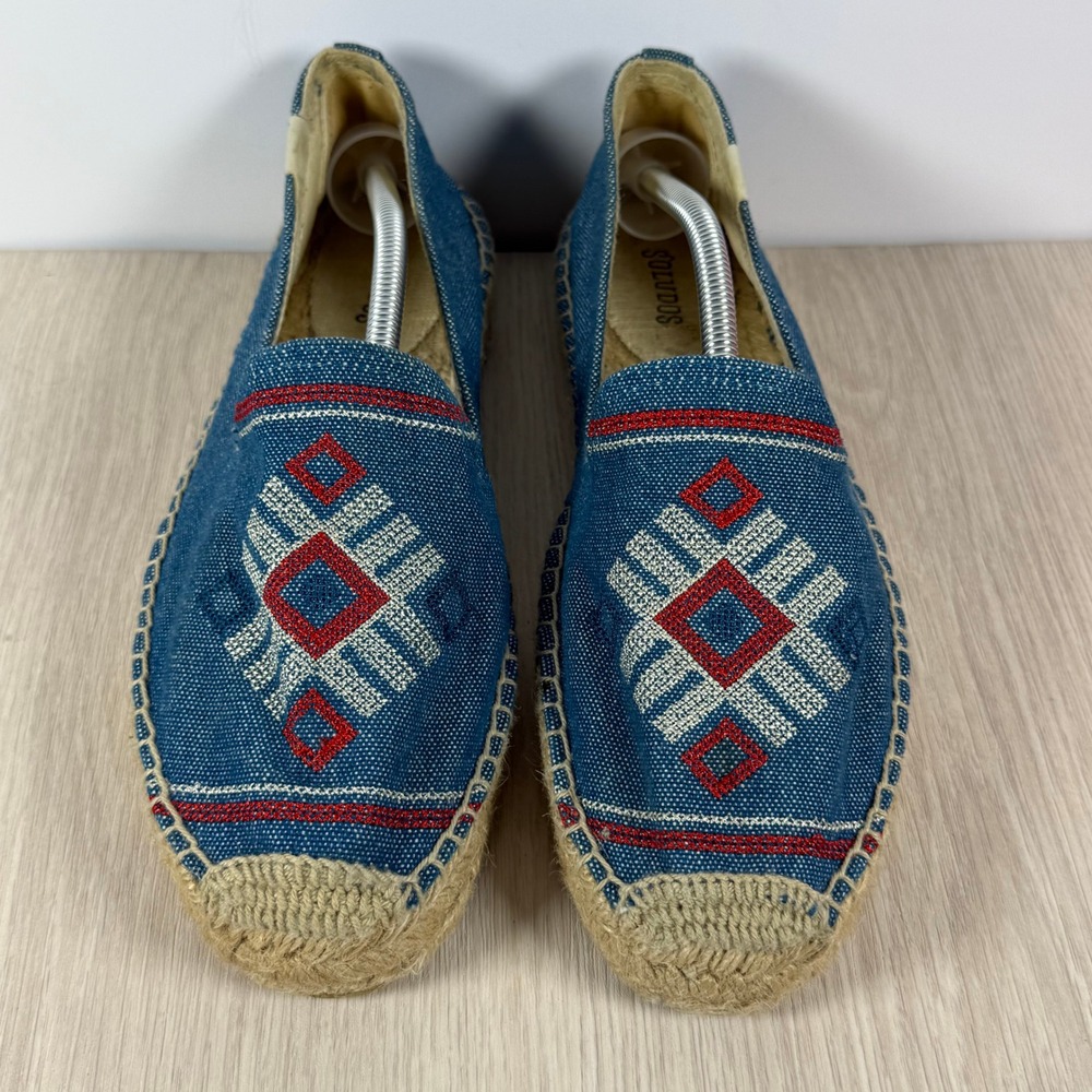 Soludos Women Blue Canvas Embroidered‎ Geometric Espadrille Flats Size 9